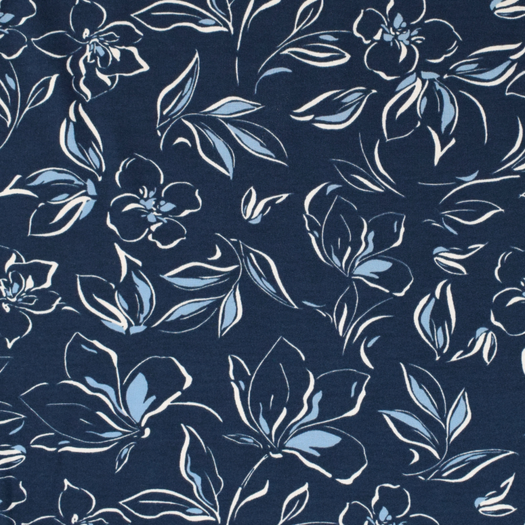 French Terry Flower Lines Dark Blue Fabrics Hemmers