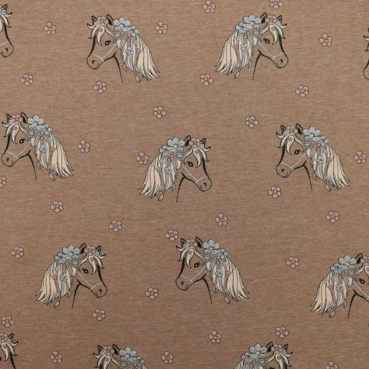 Katoenjersey Glitter Horses, lichtbruin gemêleerd Stoffen Hemmers