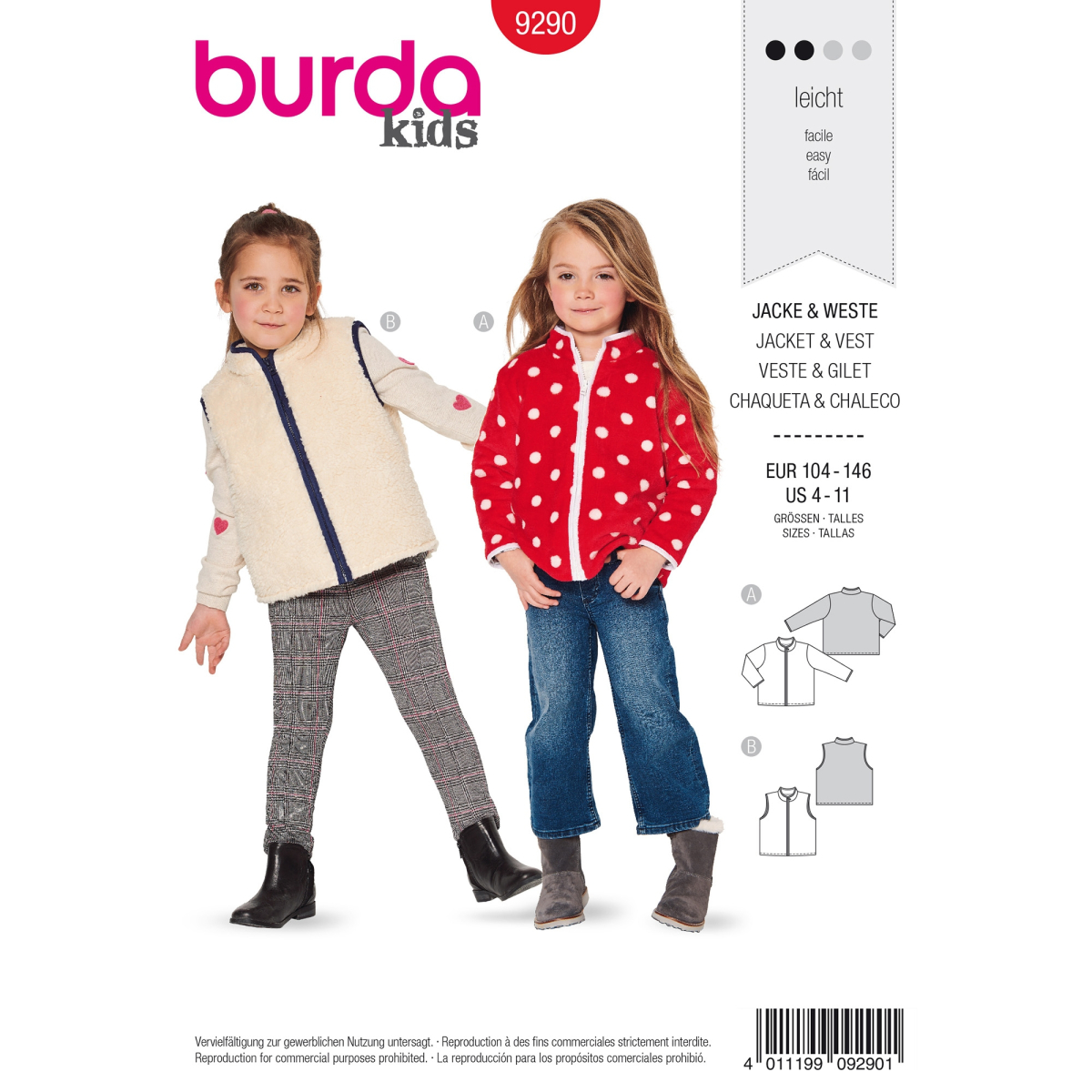 Sewing pattern jacket and vest, Burda Kids 9290, En/Ger/Fr