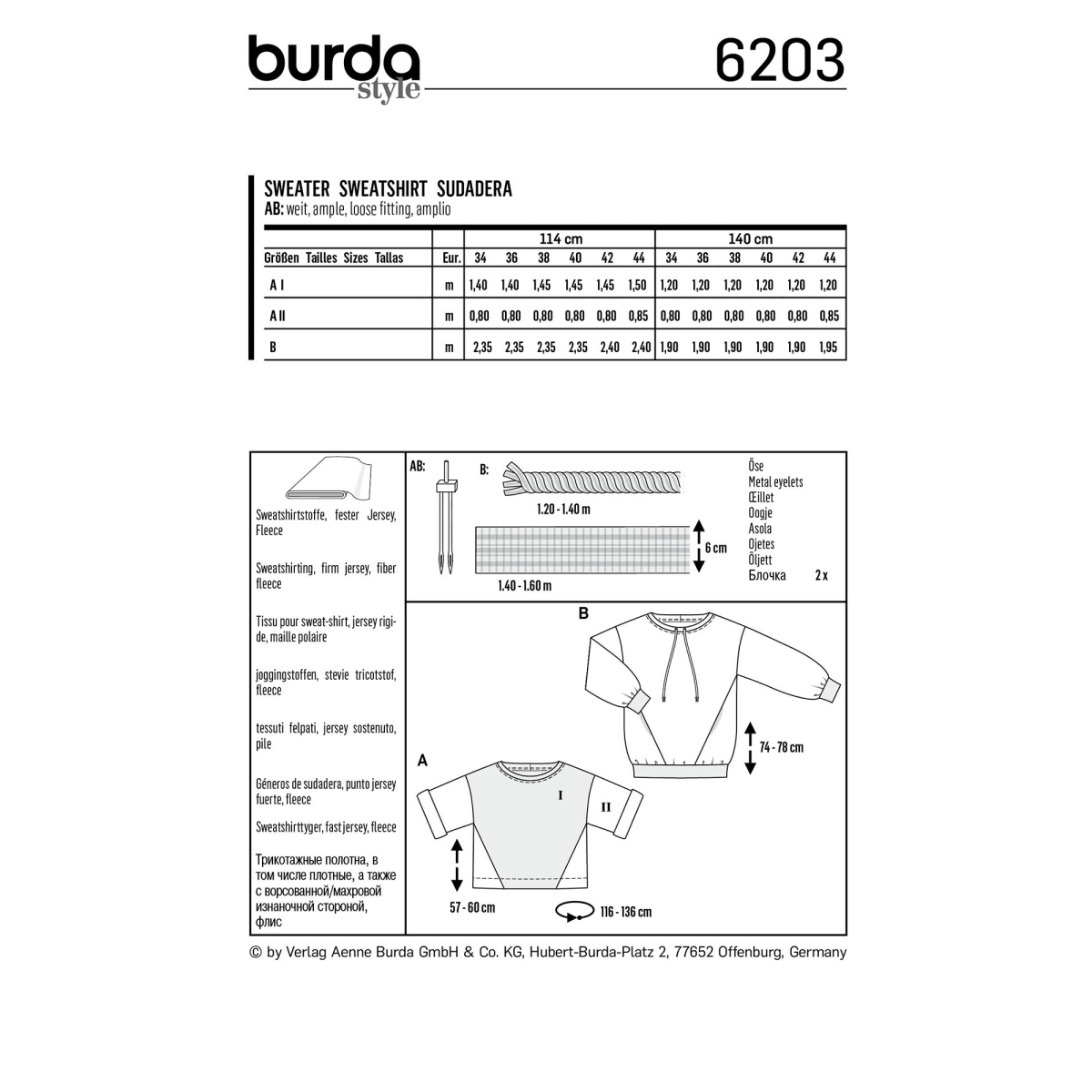 Sewing pattern Sweater, Burda 6203, EnGerFr