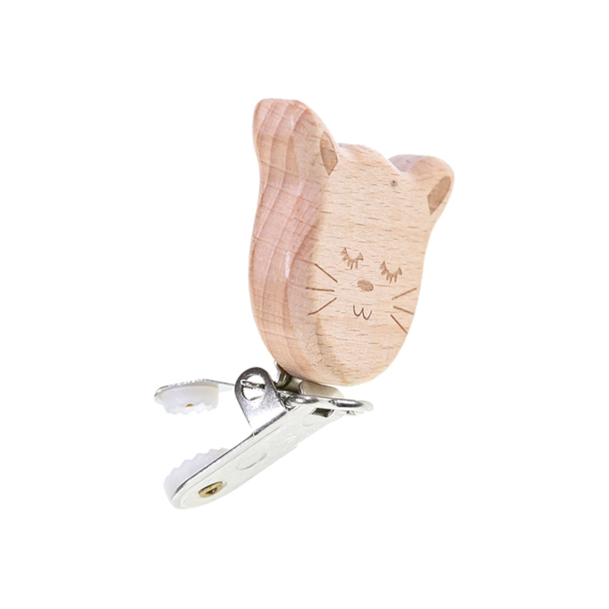 Pince clip attache tétine chat en bois