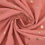 corail | Tissu coton batiste plumetis fleurs dorées, corail