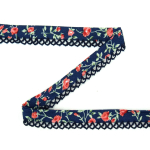 donkerblauw | Biaisband gebloemd met kant, donkerblauw - donkerblauw 12 mm