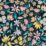 bleu marine | Tissu satin de coton stretch Fleurs Flowers, bleu marine