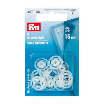 6 boutons pression à coudre Prym, 15 mm, transparent