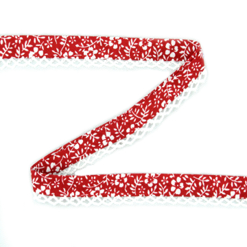 Biaisband gebloemd met kant, rood - wit 12 mm