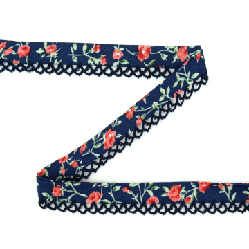 Biaisband gebloemd met kant, donkerblauw - donkerblauw 12 mm