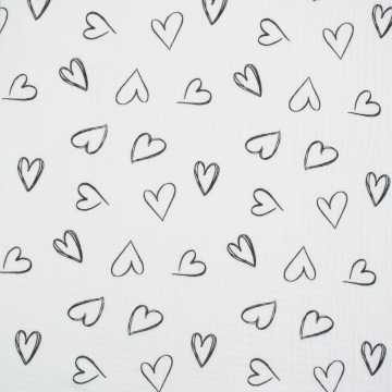 Katoenen mousseline Doodle Hearts, gebroken wit