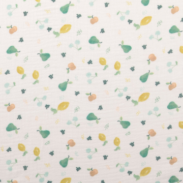 Tissu double gaze de coton Pommes Fruits, vert