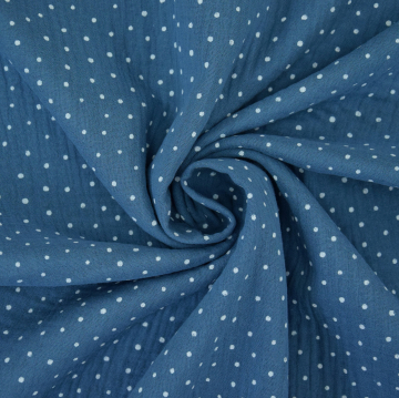 Tissu double gaze de coton à pois, bleu
