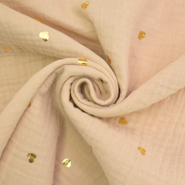 Tissu double gaze de coton Coeurs dorés Golden heart, sable