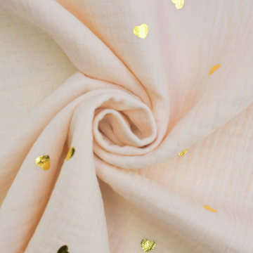 Tissu double gaze de coton Coeurs dorés Golden heart, blanc cassé