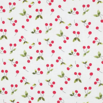 Tissu double gaze de coton cerises, blanc