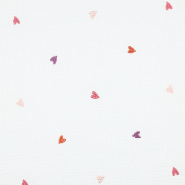 Tissu double gaze de coton broderie Coeurs, blanc cassé