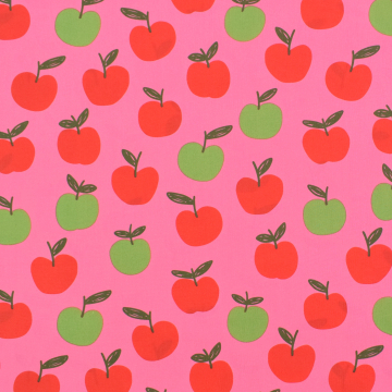 Tissu coton popeline Pommes Apples, rose fuchsia
