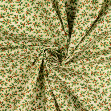 Tissu coton popeline Christmas Leaves, crème