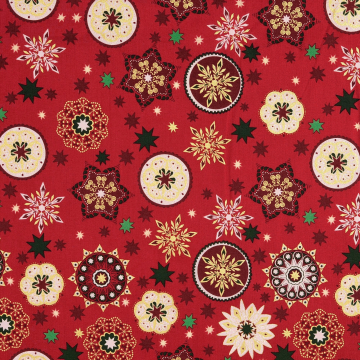 Tissu coton popeline Christmas Mandala, rouge foncé