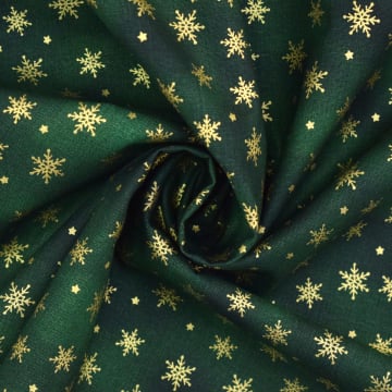 Tissu coton popeline Golden Snowflakes, vert foncé
