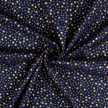 Popeline katoen Golden Stars, marineblauw