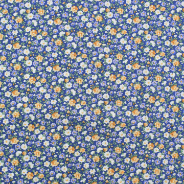 Tissu coton popeline Fleurs Julia, bleu denim