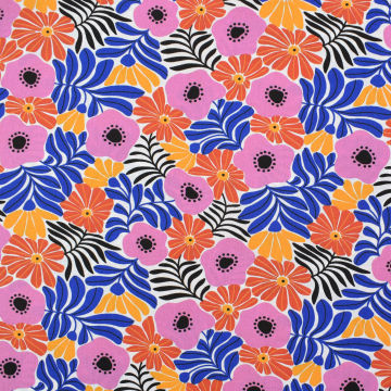 Popeline katoen retro flowers, wit