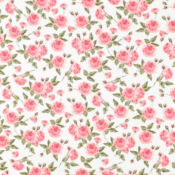 Tissu coton popeline Fleurs Roses, blanc