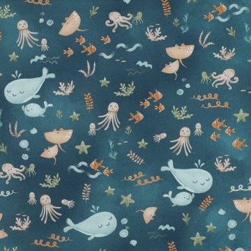 Baumwoll Popeline Sea Animals, petrol