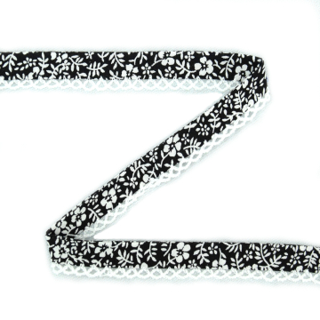 Biaisband gebloemd met kant, zwart - wit 12 mm