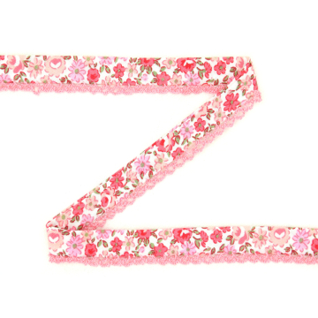 Baumwoll-Schrägband Blumen, weiss - rosa 12 mm