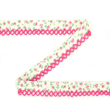 Biaisband gebloemd met kant, gebroken wit -  fuchsia 12 mm