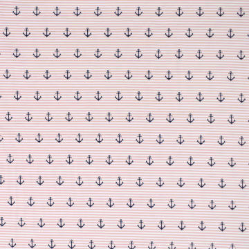 Tissu jersey coton rayé Ancres marines bord de mer chic, vieux rose