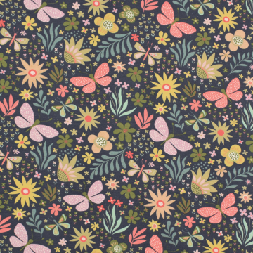 Tissu jersey de coton Papillons Butterfly Garden, bleu marine