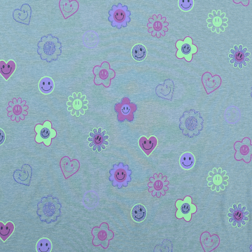 Katoenjersey Glitter Happy Faces, rookblauw melange