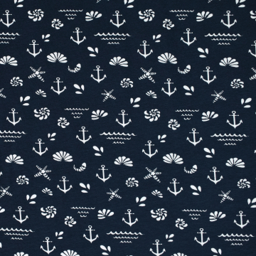Tissu jersey coton Bord de mer chic Maritime Signs, bleu foncé