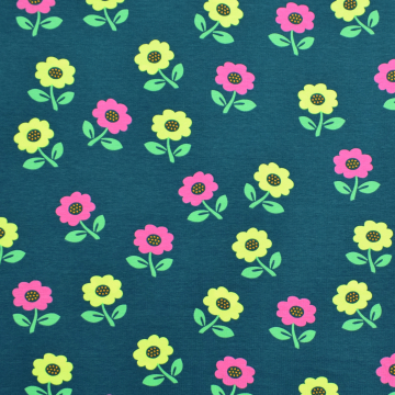 Tissu jersey de coton Fleurs Fluo Neon Flowers, bleu pétrole
