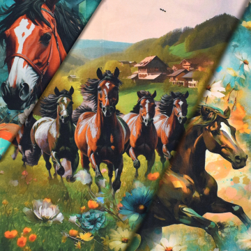 Baumwolljersey Panel Flower Horse, 150 x 65 cm