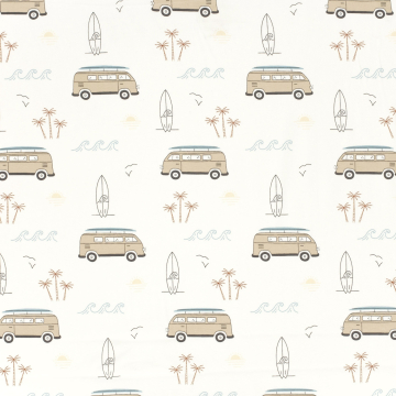 Tissu jersey de coton Mini-bus van combi Surfers Life, blanc cassé