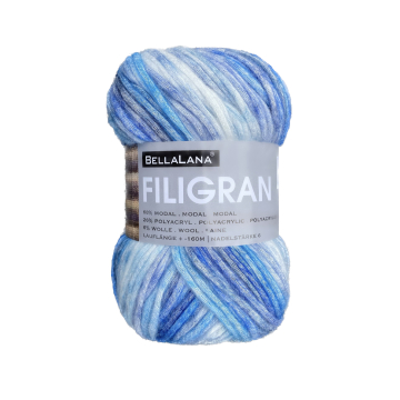 Pelote de laine modal BellaLana Filigran, 100g, blanc-bleu