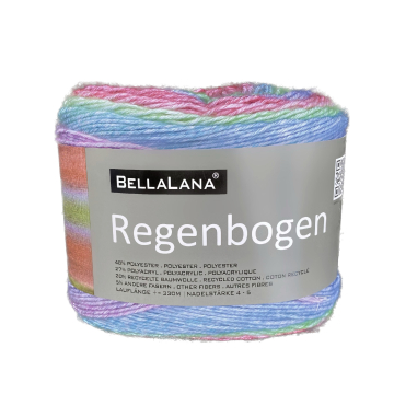 Pelote de laine douce coton recyclé & polyacrylique BellaLana Regenbogen 150g, vert-rouge