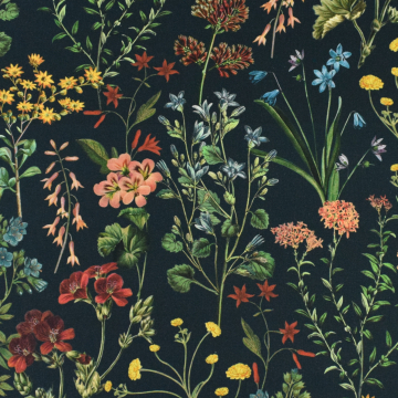 Tissu déco semi panama fleurs des champs, bleu foncé