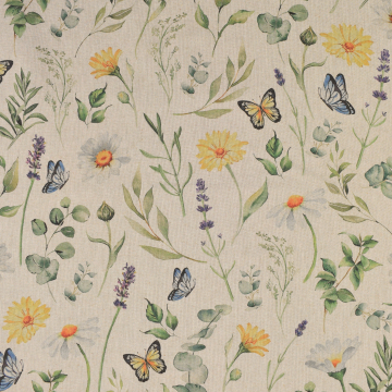 Dekostoff Halbpanama Flowers and Butterflies, beige