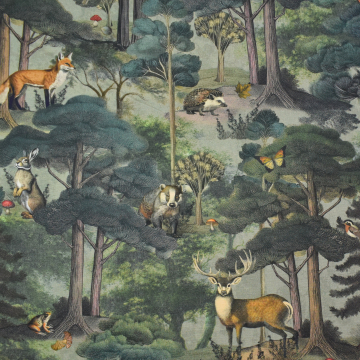 Decoration fabric half panama Forest Animals, dark green
