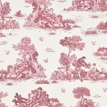 Tissu déco semi panama toile de jouy, lie de vin – blanc cassé