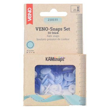 30 Boutons pression Snap Ø12,4mm KAMsnaps Color Mix Veno, bleu-bleu clair-blanc