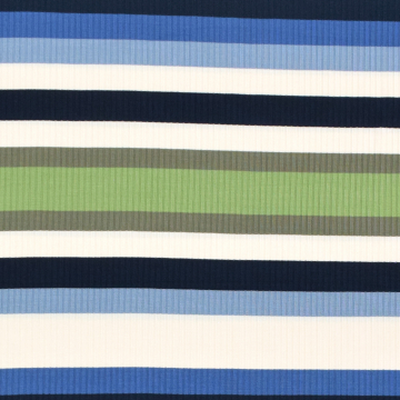 Tissu maille tricot fin côtelé rayé, bleu