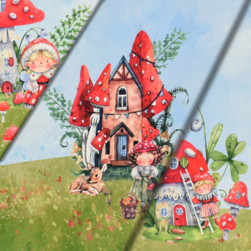 French Terry Panel Mushroom Town, 150 x 75 cm