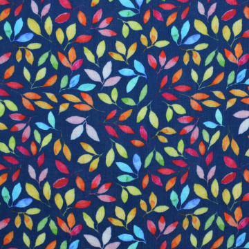 Katoenen mousseline double gauze colorful leaves, marineblauw