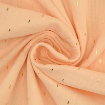 Katoenen mousseline double gauze gouden strepen, lichtzalmroze