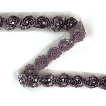 Rosen Tüllband mit Perle, 25 mm, altmalve