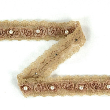 Rosen Tüllband mit Perle, 25 mm, sand